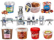 Full Automatic Granule Plastic Bucket Filling And Caps Pressing Machine Line