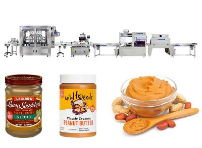 Automatic Peanut Butter Bottle Jar Filling Capping Labeling Line With Shrink Wrapper