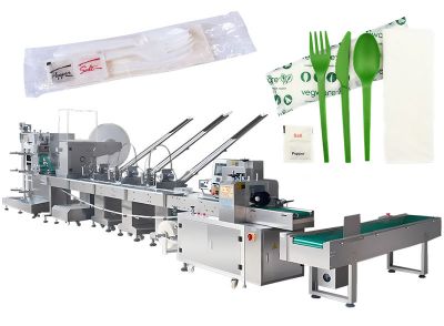 Automatic Plastic Cutlery Set Pillow Wrapping Packing Machine Line