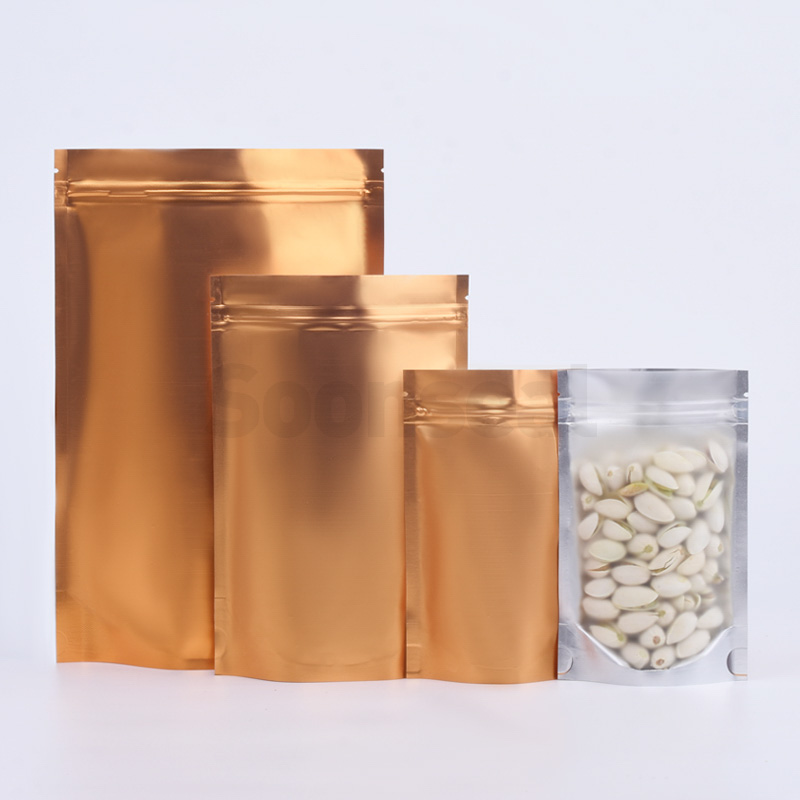 Matte Aluminum Gold Stand Up Pouch With Zipper And Clear Window